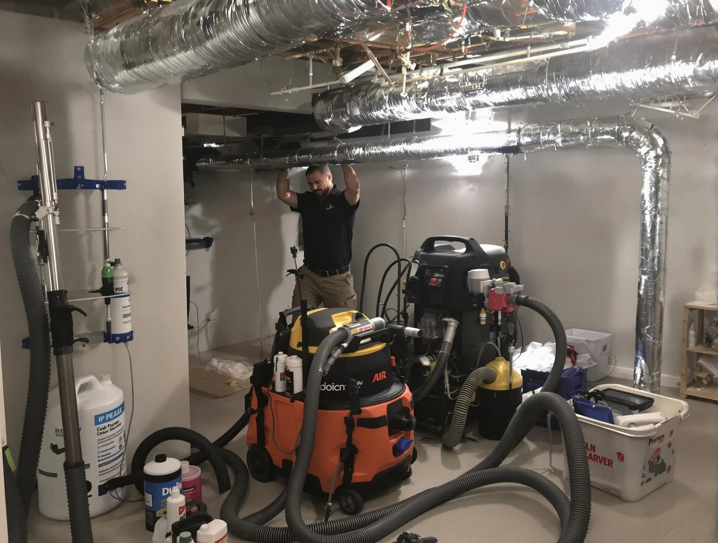 Jefferson Hills Air Duct Cleaning specialist performing professional mold removal from air ducts using safety equipment in Jefferson Hills