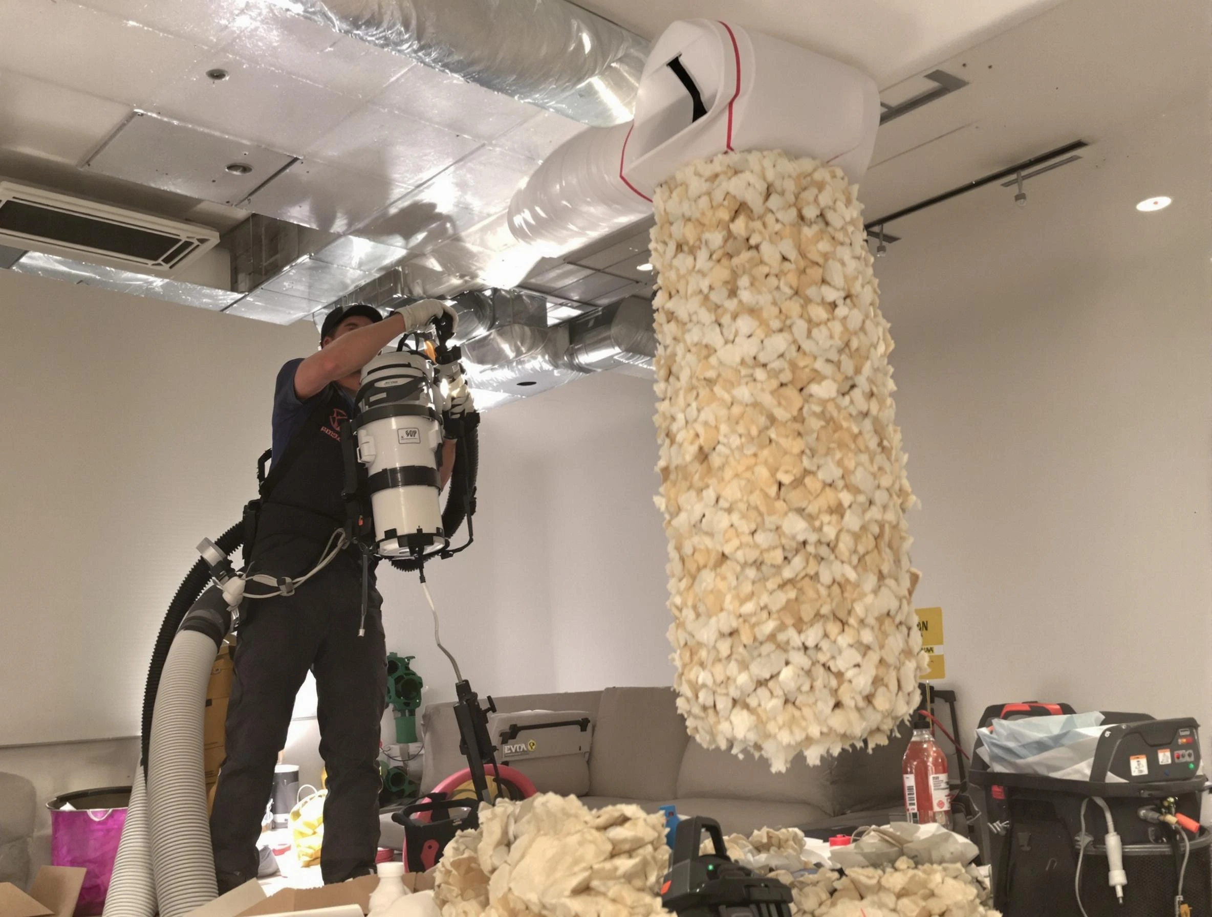 Jefferson Hills Air Duct Cleaning technician performing precision vacuum insulation removal in a residential property in Jefferson Hills